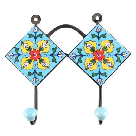 Turquoise Base Red Tiny Flower Ceramic Tiles Hook 